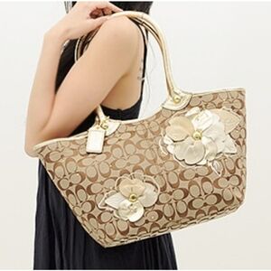 Coach Signature Brown Handbag with leather embroidered flowers